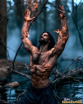 Raising fiery arms to the sky, a bare-chested standing man in a dark forest pond