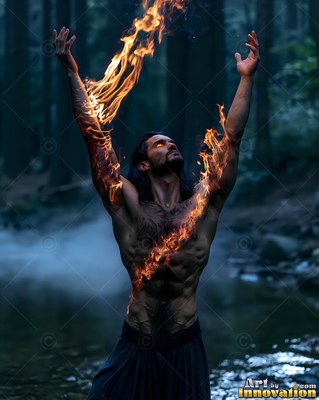 A shirtless man raises his arms as fire burns across his chest