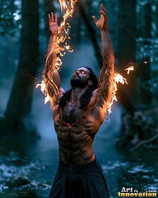 Bare-chested man with fiery arms reaching up toward the sky in a dark, misty forest