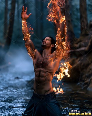 A bare-chested man raises his fiery arms in a dim river with bright orange flames