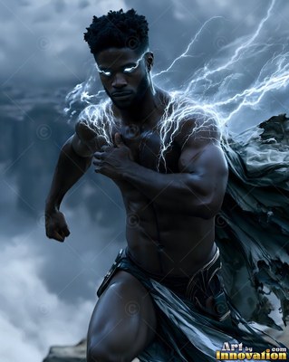 Running forward on a stormy cliff, a bare-chested man crackles with white lightning