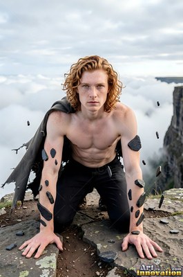 A bare-chested man with red hair kneels as dark rocks float around his arms