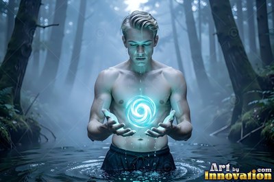 In a misty forest pool, a bare-chested man holds a swirl of blue light between his hands
