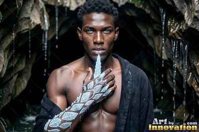Holding an icy leaf, a dark-skinned man is standing shirtless in front of a dark cave