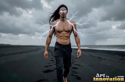A shirtless man walks on a black beach with lightning at his shoulders