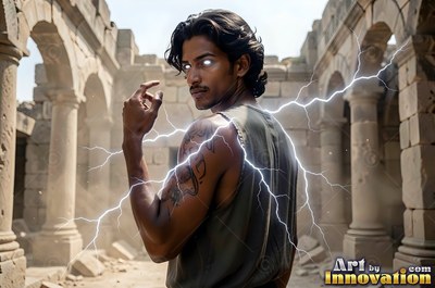 Bright white eyes light up a tattooed man in a sleeveless shirt within stone ruins with lightning sparks around him