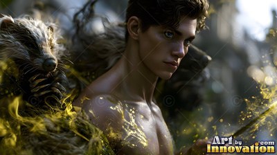 Outdoors, a shirtless young man stands beside a small badger with yellow sparks around them