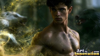 Standing shirtless in dark woods, a man in his youth conjures badgers out of yellow dust