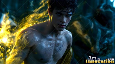 Bare-chested man holding yellow fire in the dark