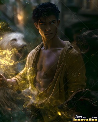 An unbuttoned tan shirt opens on a man who conjures bright golden sparks around badgers in a dark courtyard
