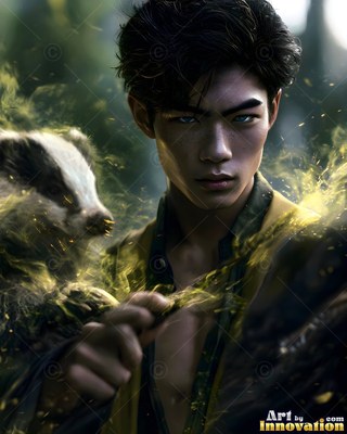 A man stands beside a small badger with pale yellow light around them