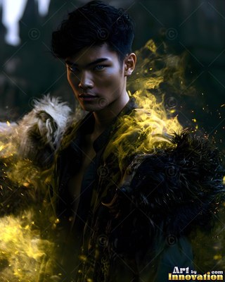 Facing forward in the dark, a man wears a fur cloak circled by yellow smoke