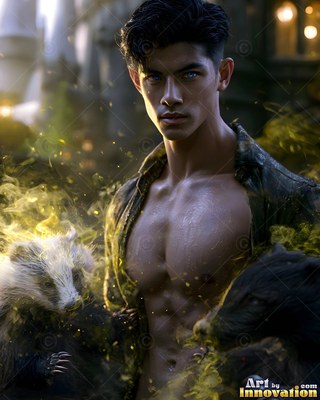 A bare-chested man with an open shirt stands outside holding badgers in yellow smoke