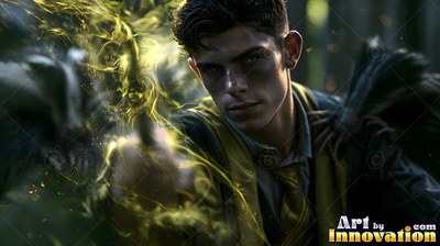 In a dark forest, a younger man casts yellow magic from his wand