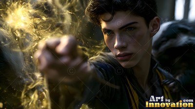 Casting bright yellow magic, a dark-haired young man reaches forward beside a badger