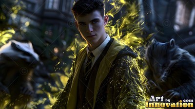 Wearing a yellow-lined robe, a youthful man stands in a dark courtyard with two badgers