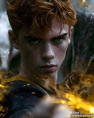 A young red-haired man glares forward while golden sparks dance around his dark robe