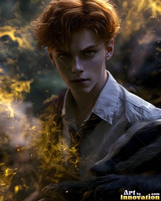 Facing forward in a dim forest, a young man holds a badger by yellow smoke swirls