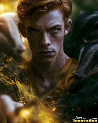 A red-haired man in yellow robes casts yellow sparks near two badgers
