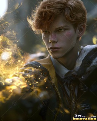In a dim forest, a red-haired younger man reaches out with bright golden sparks