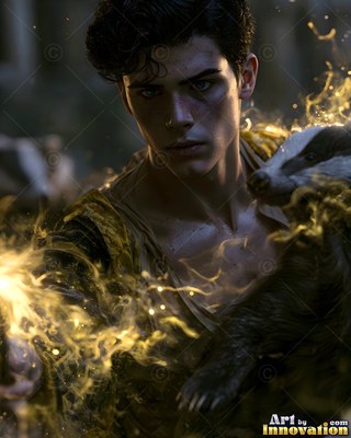 Holding a badger, a dark-haired man conjures bright yellow sparks