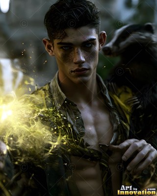 A young man holds bright yellow sparks beside a badger