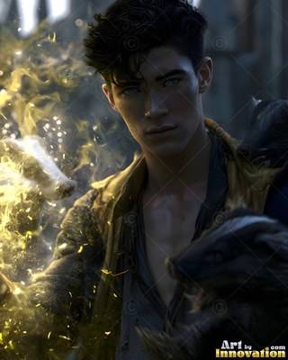 A man with dark hair wears an open yellow coat by a stone ruin, holding badgers near yellow sparks