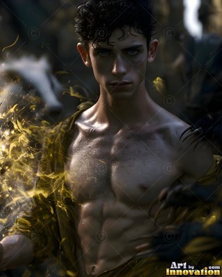 A shirtless man in his youth summons golden sparks around his shoulders in dim light