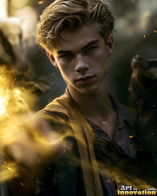 Turned toward the viewer outdoors, a young blond-haired man holds yellow light by a badger
