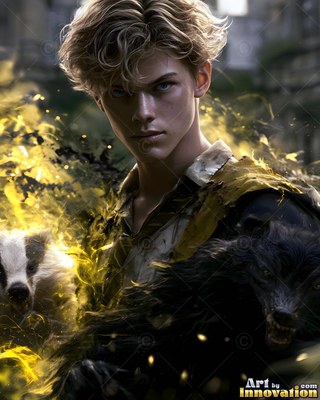 A young yellow-haired man stands with snarling badgers in bright yellow smoke