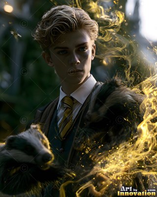 Outside a castle, a young blond man stands with a badger and yellow sparks