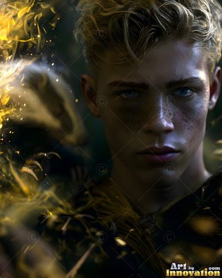 Looking forward, a man with blond hair in his youth stands near yellow sparks with a badger