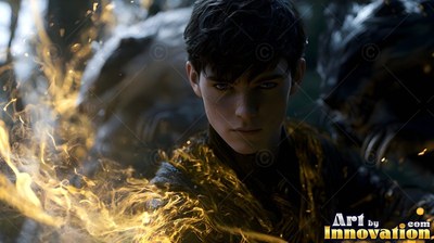 A man in his youth with dark hair summons yellow fire near two badgers
