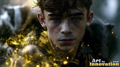 Freckles mark the face of a youthful man surrounded by yellow sparks outdoors