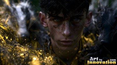 A man stares straight ahead with dirt on his face in bright gold light
