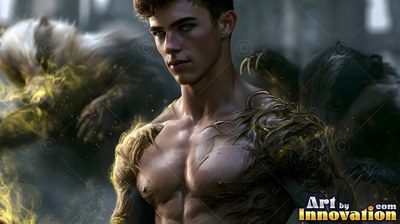 Facing forward outdoors, a bare-chested younger man stands beside two badgers