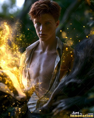 A red-haired man with an open shirt conjures a bright badger from fire