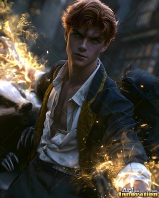 In a dark castle yard, a red-haired man casts yellow sparks beside badgers