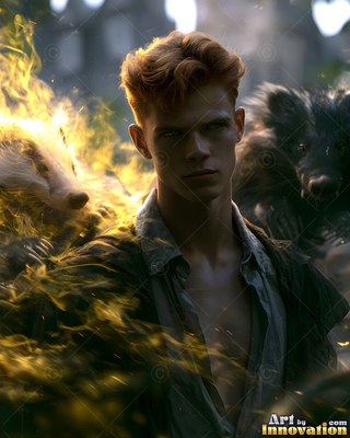 Standing in yellow smoke, a red-haired man looks ahead beside two badgers