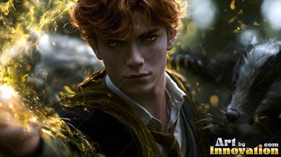 A red-haired youthful man with a badger by his shoulder