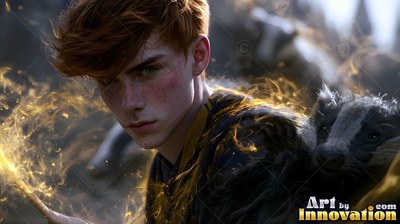 Red hair falls over the brow of a young man holding a badger outside a castle yard