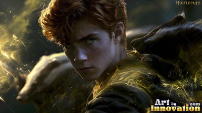 A red-haired man gl ares forward with badgers beside him in swirling yellow light
