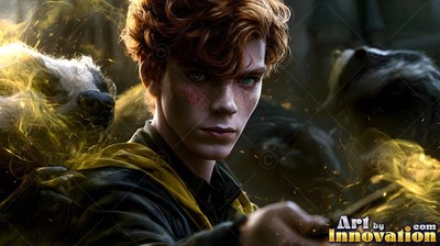 Facing forward in the dark castle, a red-haired younger man summons badgers with yellow magic