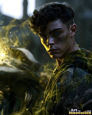 A young man in a dark green cloak looks back near bright yellow light