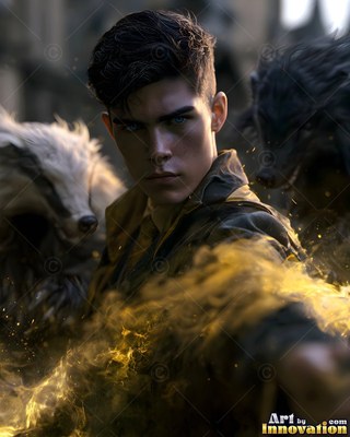 In a dark courtyard, a man casts yellow magic beside badgers