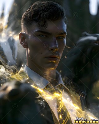 Staring forward, a man in his youth wears a collared shirt with yellow light across his chest