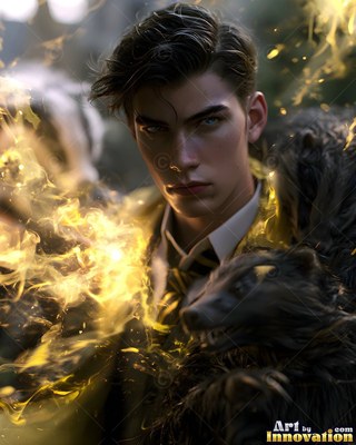 A young man holding a badger with yellow magic light on his hand
