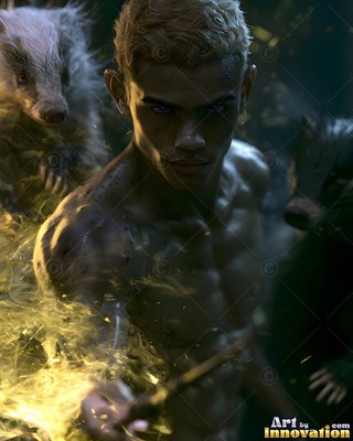 Blond curly hair marks a shirtless man conjuring bright yellow sparks beside badgers in the dark
