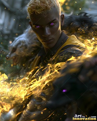 A man summons fiery badgers, their bodies lit with bright golden flame
