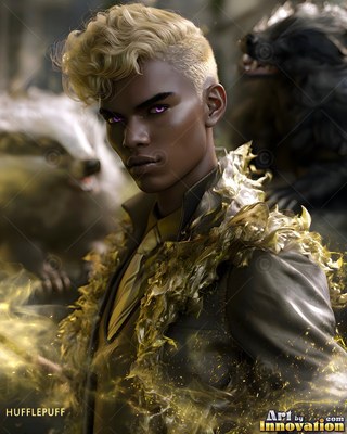 Turned sideways in a courtyard, a man in a gold coat stands with badgers